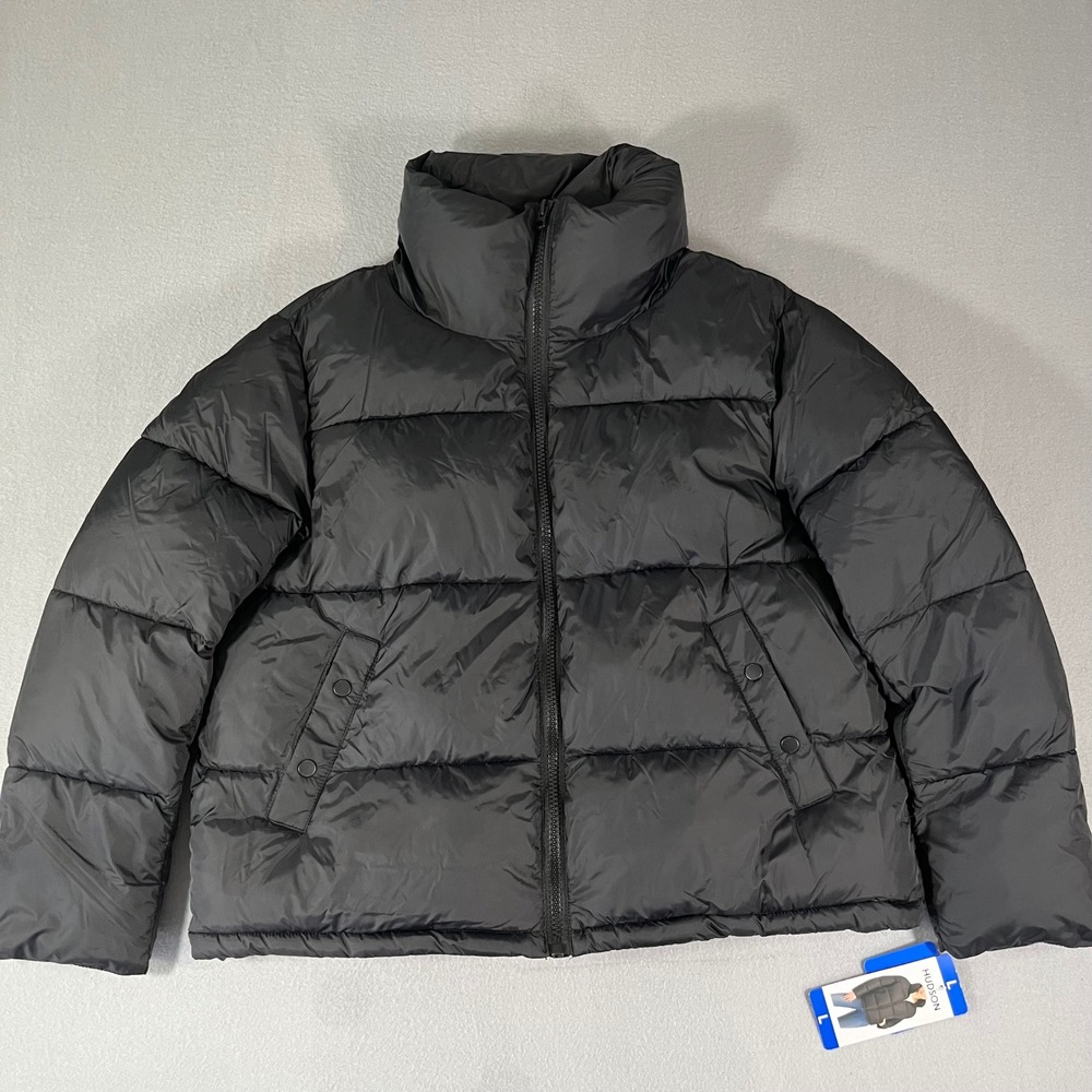 NWT HUDSON Women's Black Puffer Jacket High‎ Neck Quilted Full Zip Size L